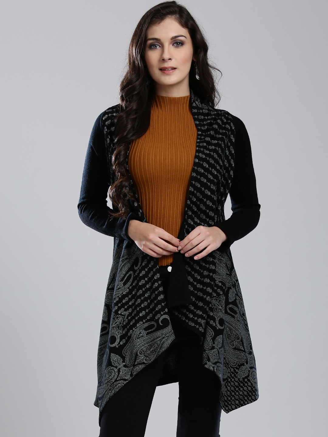 

W Women Black & Grey Printed Longline Front Open Cardigan