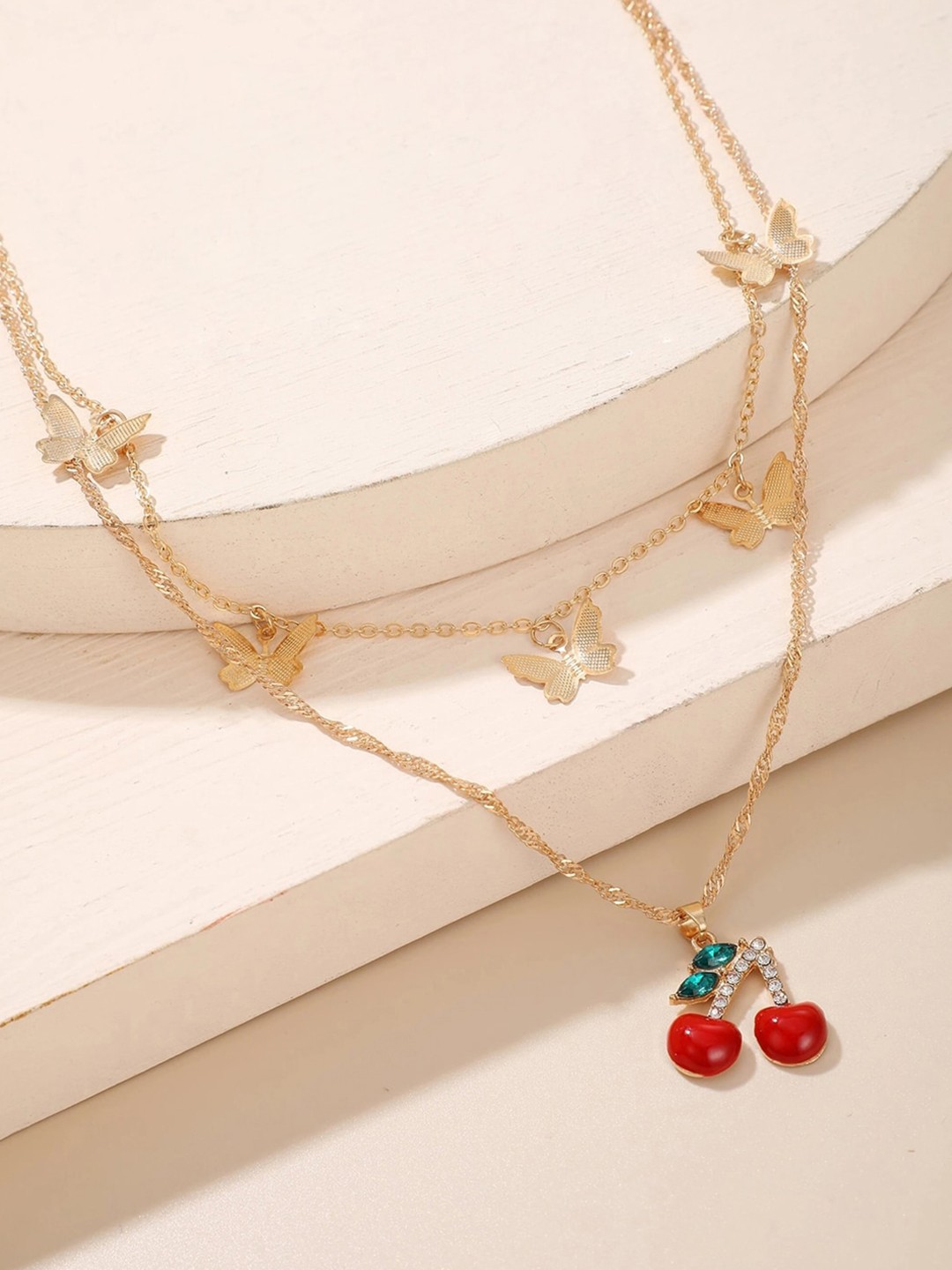 

Jewels Galaxy Cherries with Butterflies Brass Gold-Plated Layered Necklace