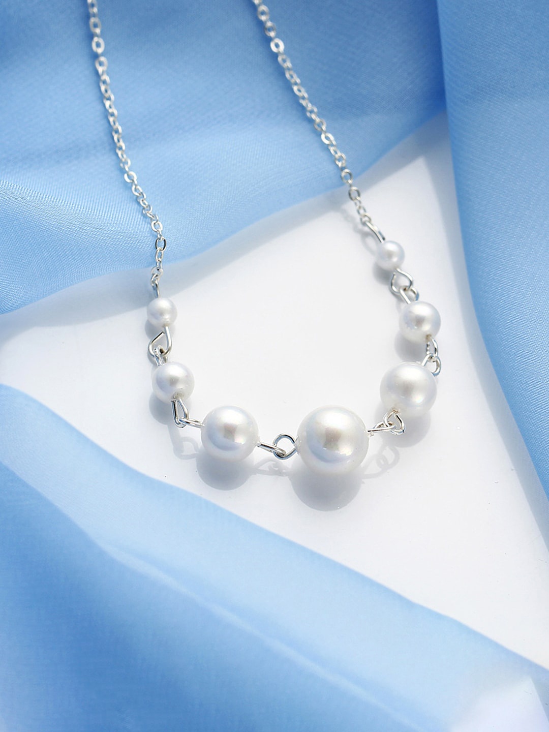 

Jewels Galaxy Brass Silver-Plated Pearl Studded Contemporary Necklace, White