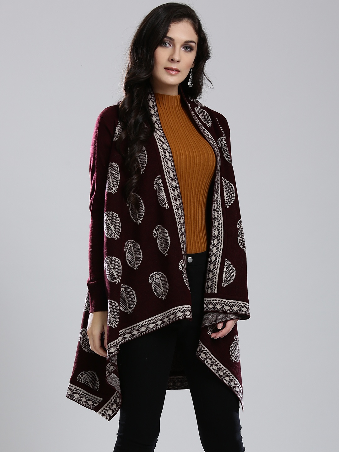

W Women Burgundy & Off-White Self-Design Longline Front Open Cardigan