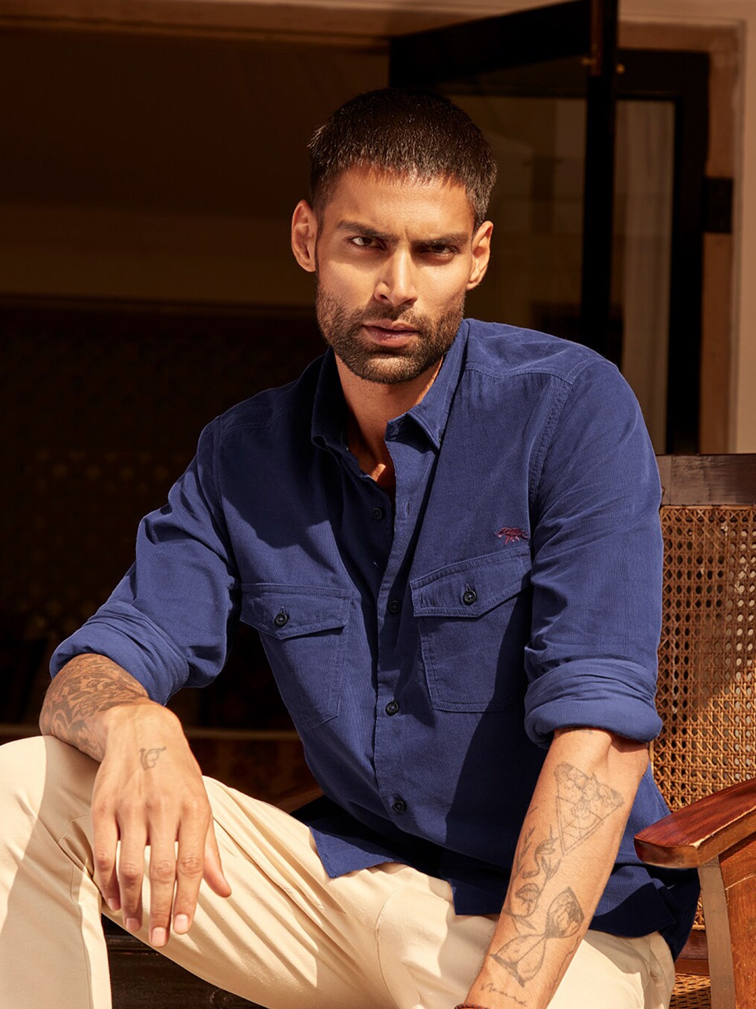 

Andamen Corduroy Front flap Pockets Shirt, Blue