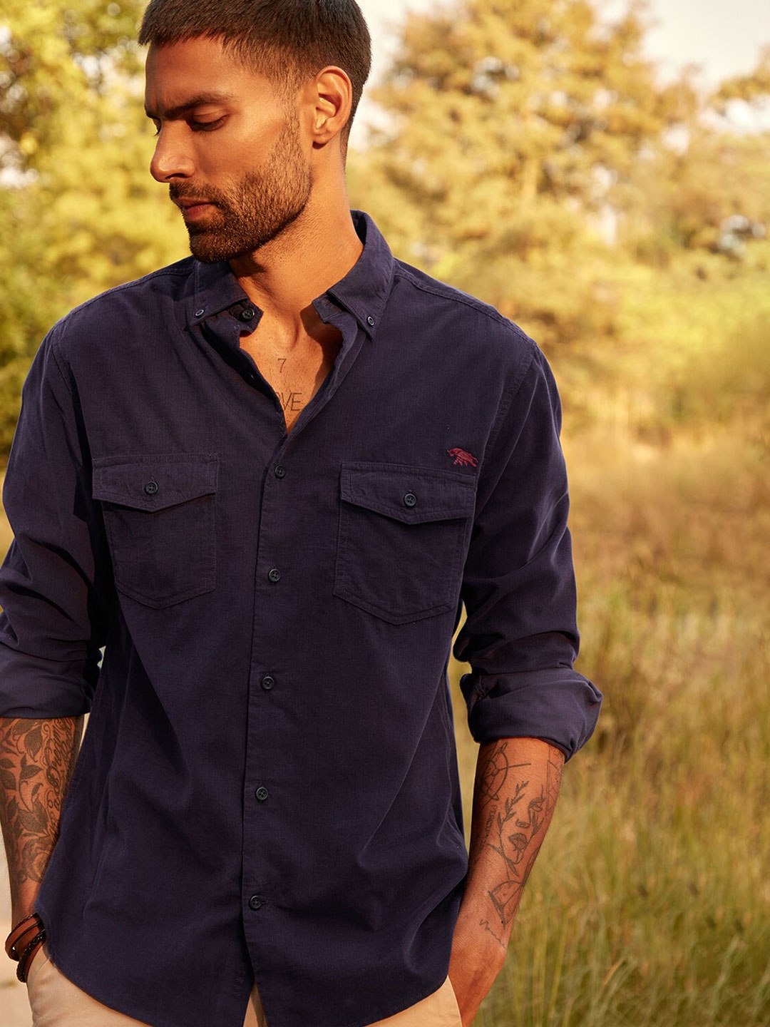 

Andamen Button-Down Flap Pocket Corduroy Shirt, Violet