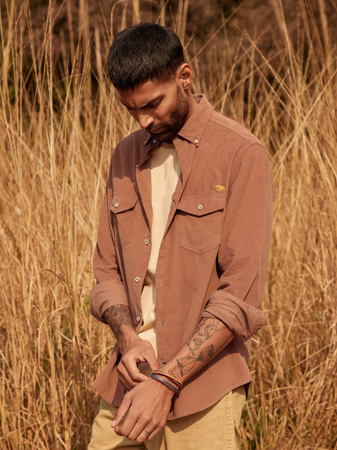 

Andamen Front Flap Pocket Corduroy Shirt, Brown