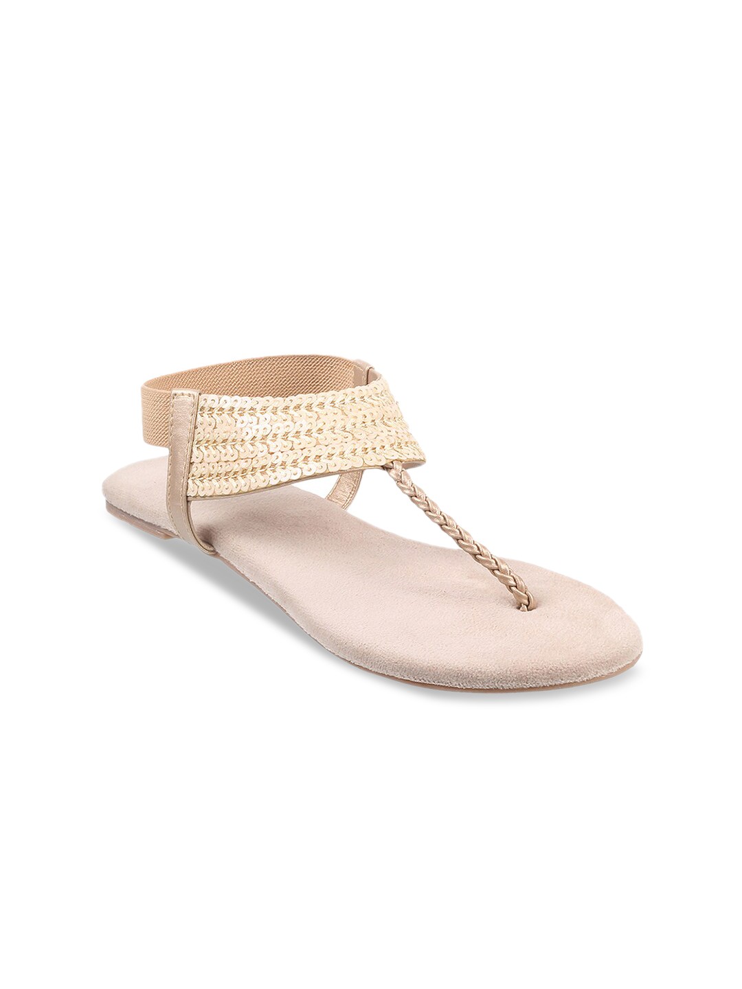 

Mochi Women Embellished Sequined T-Strap Flats, Beige