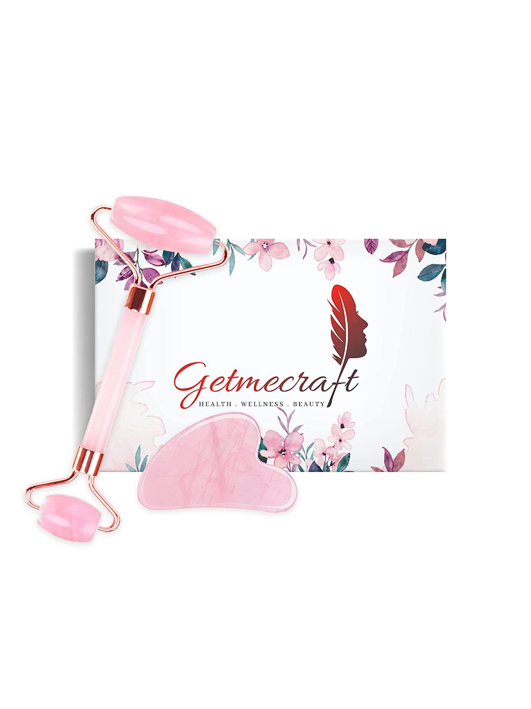 

Getmecraft Set Of Rose Quartz Jade Facial Roller & Gua Sha For Face, Pink