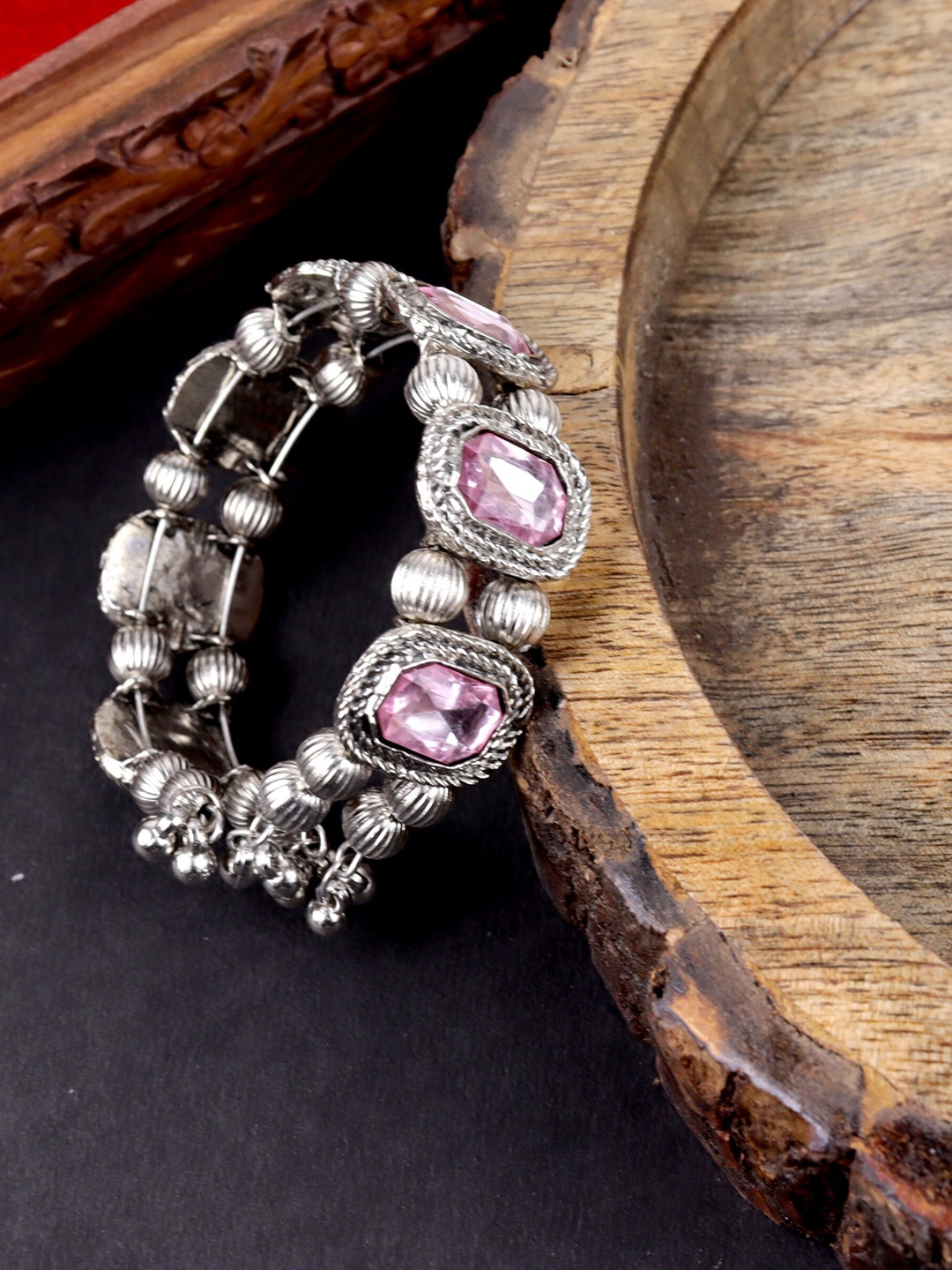 

VAGHBHATT Oxidized German Silver Brass-Plated & Stone-Studded Bangle