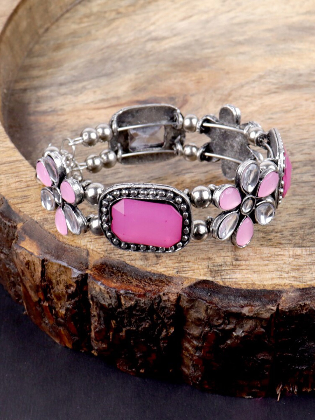 

VAGHBHATT Women German Silver Oxidised Brass Plated Cuff Bracelet, Pink