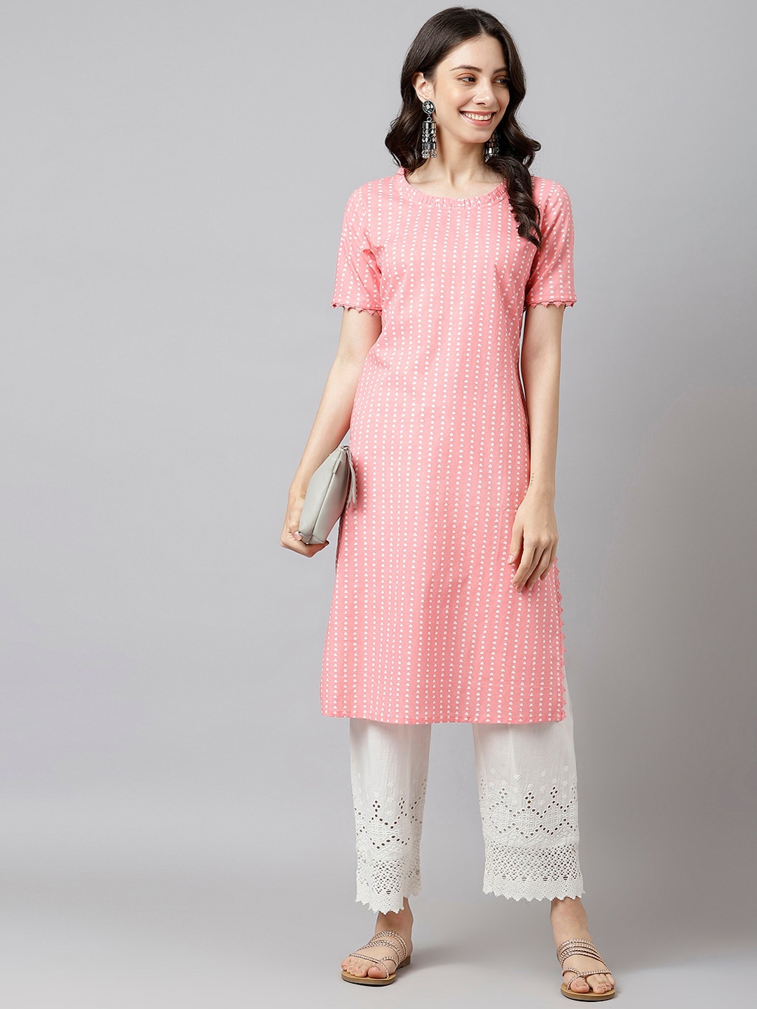 

DECKEDUP Printed Round Neck Short Sleeve Straight Kurta, Pink