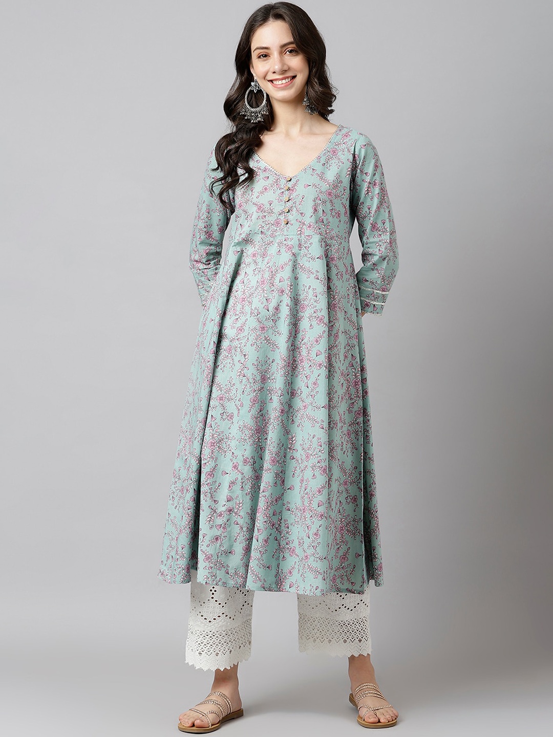 

DECKEDUP V-Neck Floral Printed Anarkali Kurta, Sea green