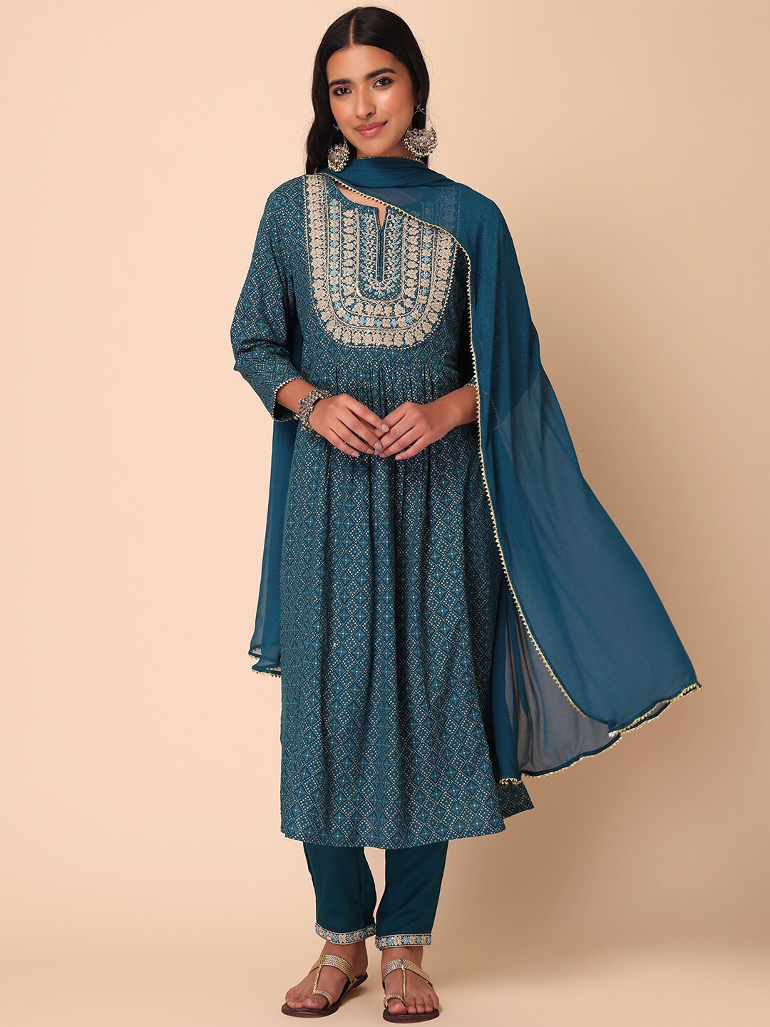 

INDYA Yoke Design Foil Print A-Line Kurta With Trouser & Dupatta, Blue