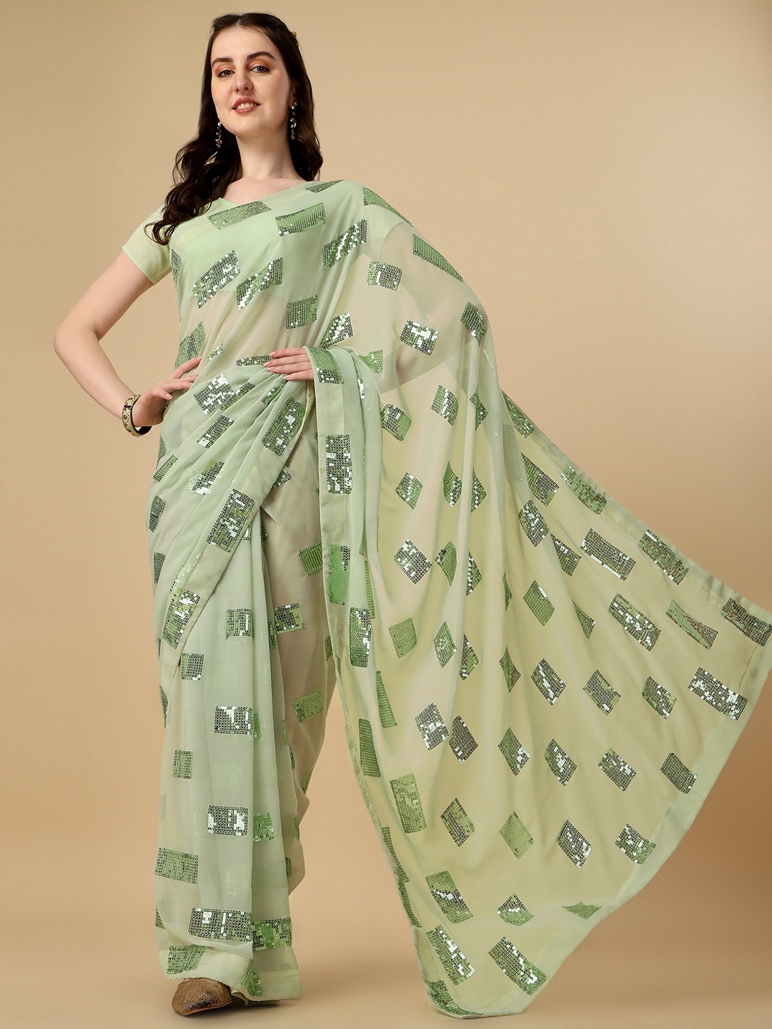 

Vaidehi Fashion Embellished Sequinned Georgette Saree, Sea green
