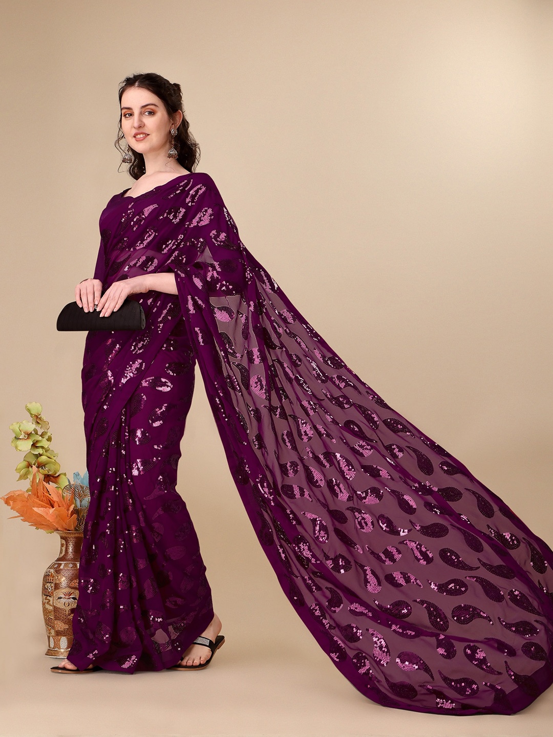 

Vaidehi Fashion Embellished Sequinned Georgette Saree, Purple