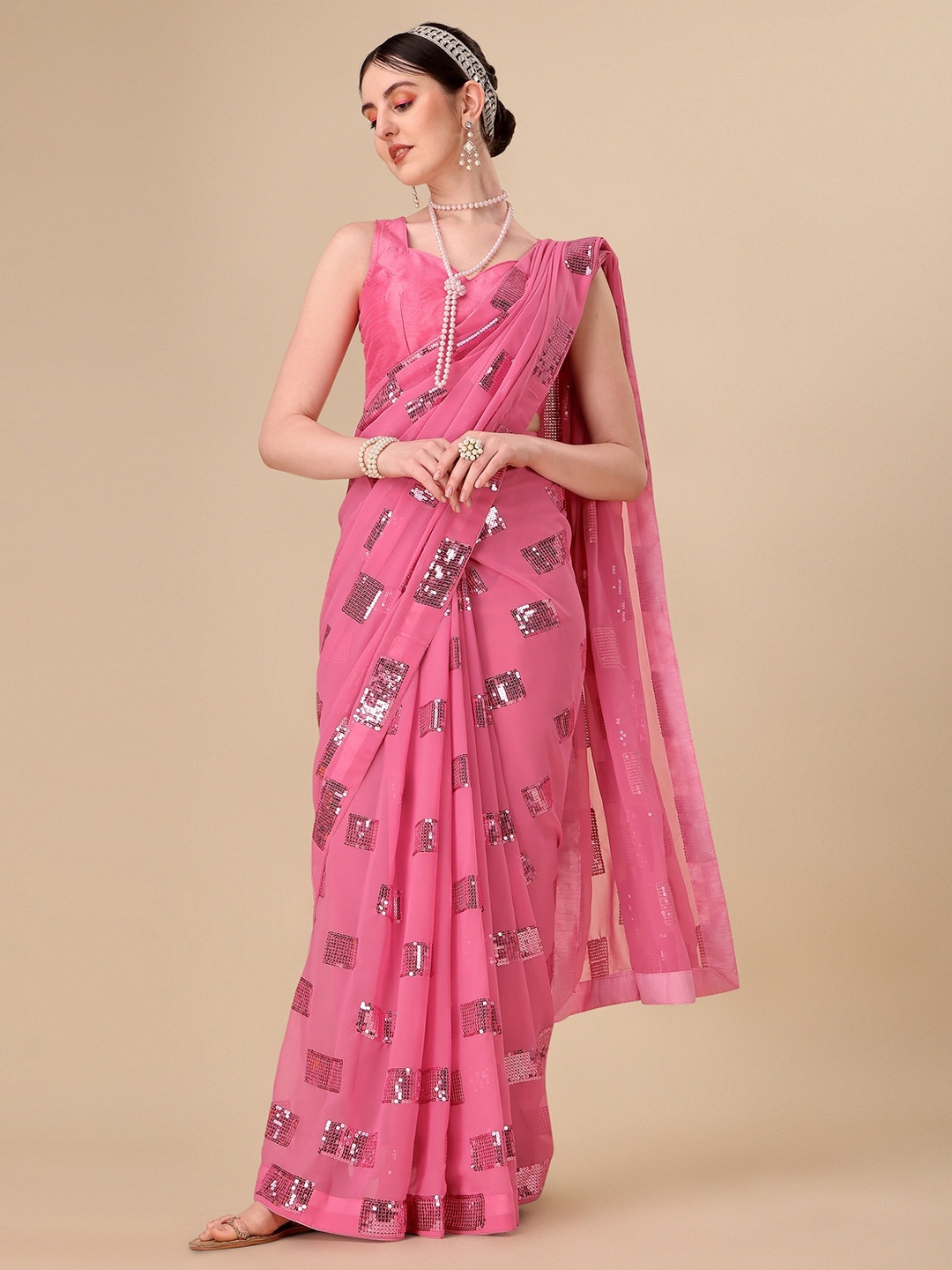 

Vaidehi Fashion Embellished Sequinned Georgette Saree, Pink