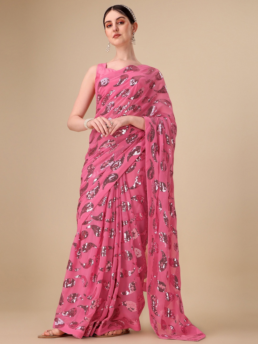 

Vaidehi Fashion Embellished Sequinned Georgette Saree, Pink