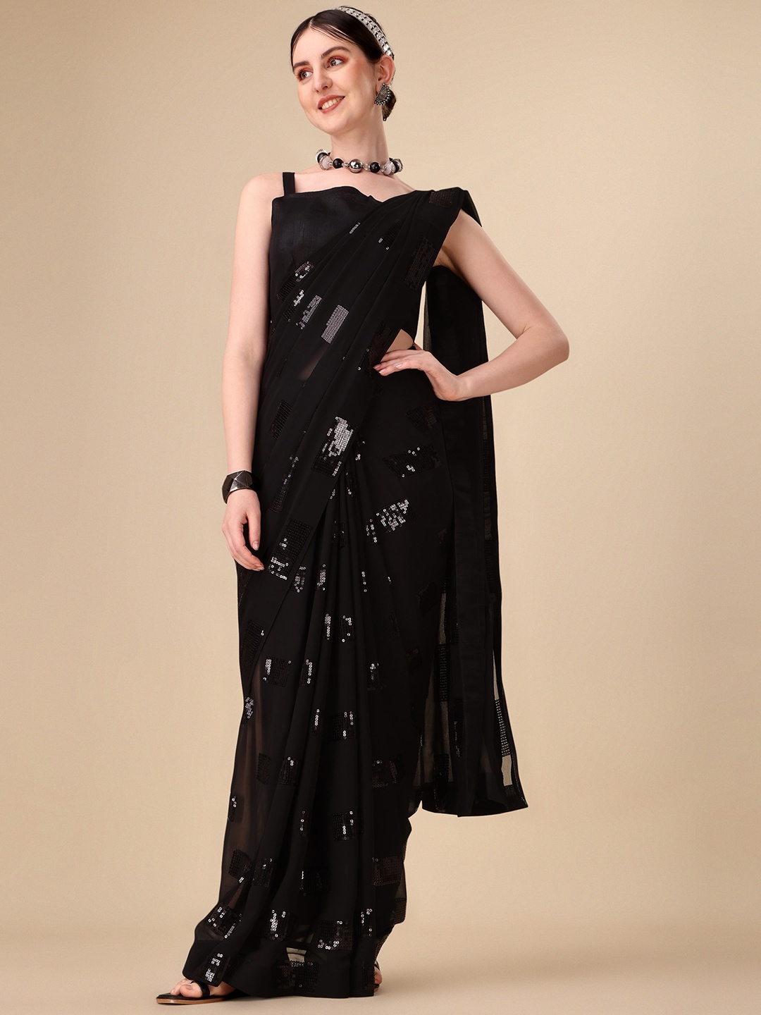 

Vaidehi Fashion Sequinned Embellished Sheer Saree, Black