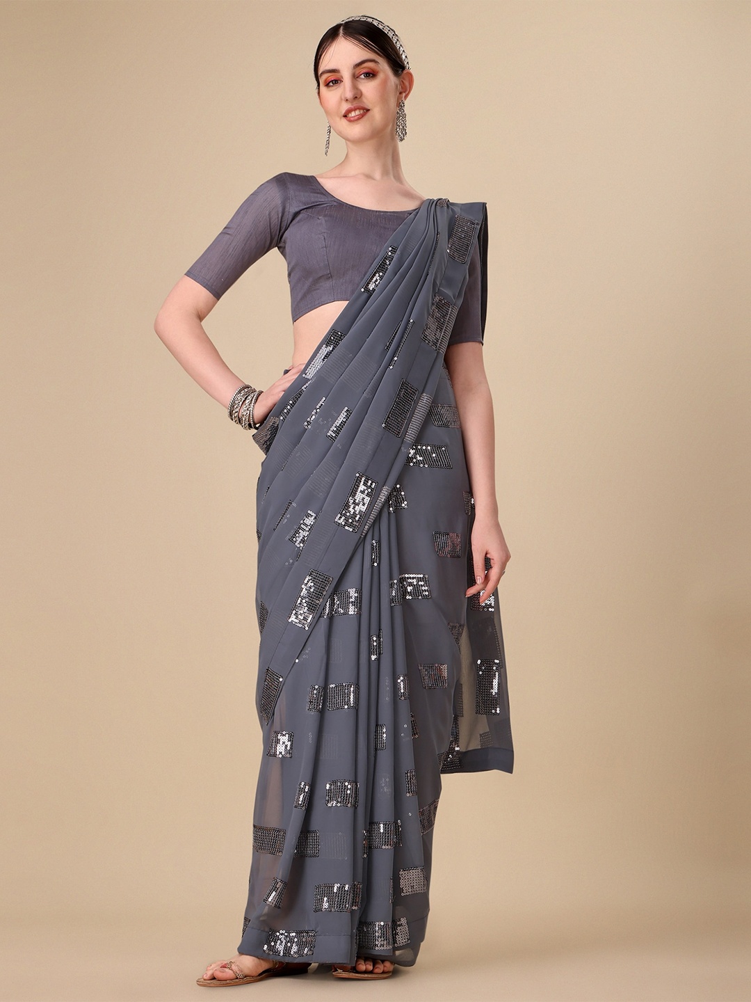 

Vaidehi Fashion Sequinned Embellished Sheer Saree, Grey