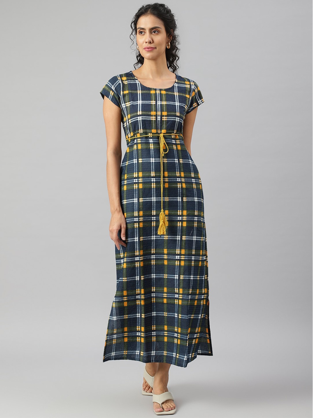 

DECKEDUP Checked Side Slit Maxi Cotton Dress, Blue