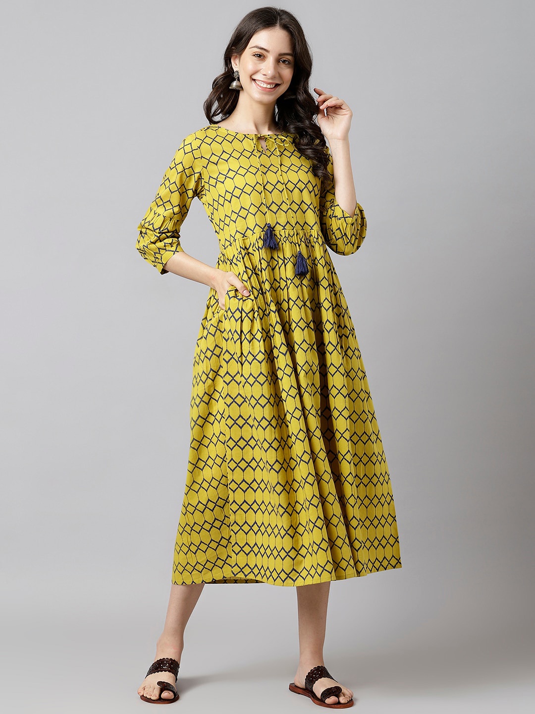 

DECKEDUP Abstract Printed Tie-Up Neck A-Line Cotton Midi Ethnic Dress, Mustard