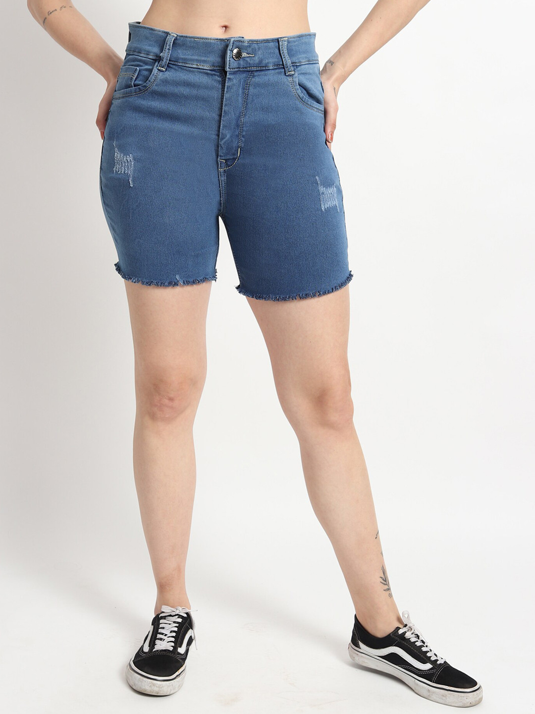 

LIVE OK Women Denim Skinny Fit Mid-Rise Stretchable Disress Shorts, Blue