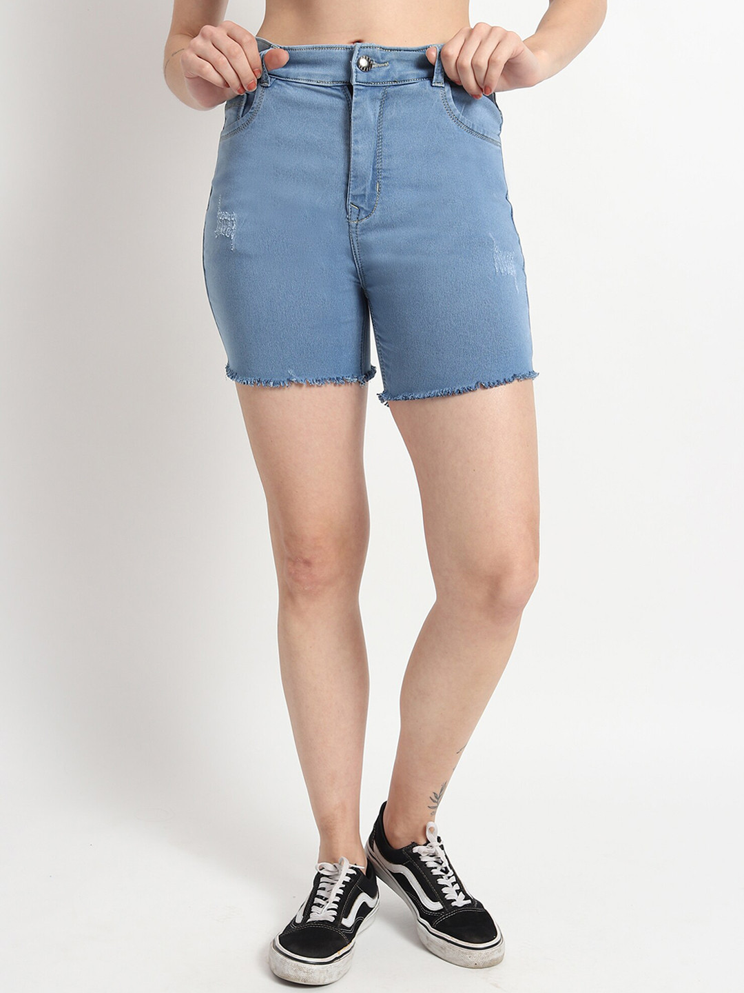 

LIVE OK Women Skinny Fit Mid-Rise Denim Stretchable Distressed Shorts, Blue