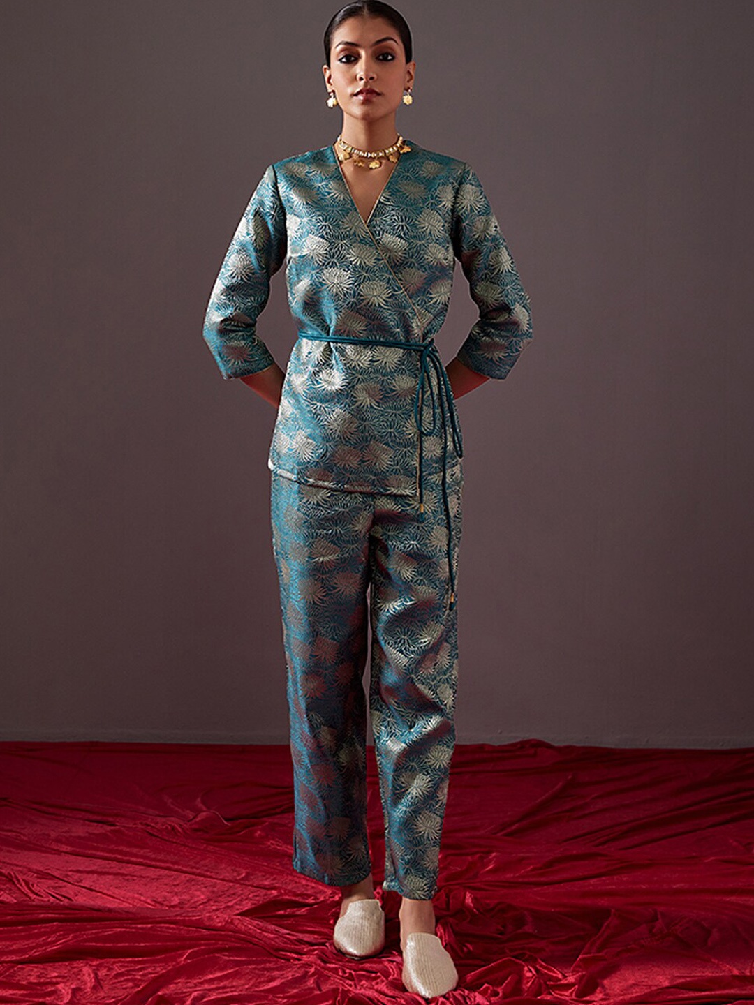 

Abhishti Woven Design Banarasi Wrap Top With Zari Pants, Turquoise blue