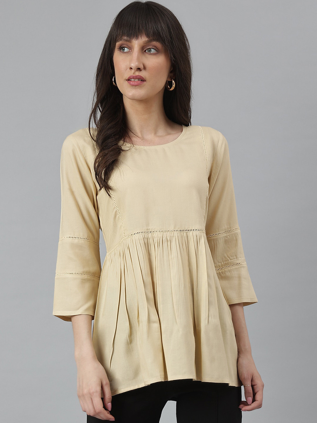 

DECKEDUP Gathered Or Pleated Round Neck A-Line Top, Cream