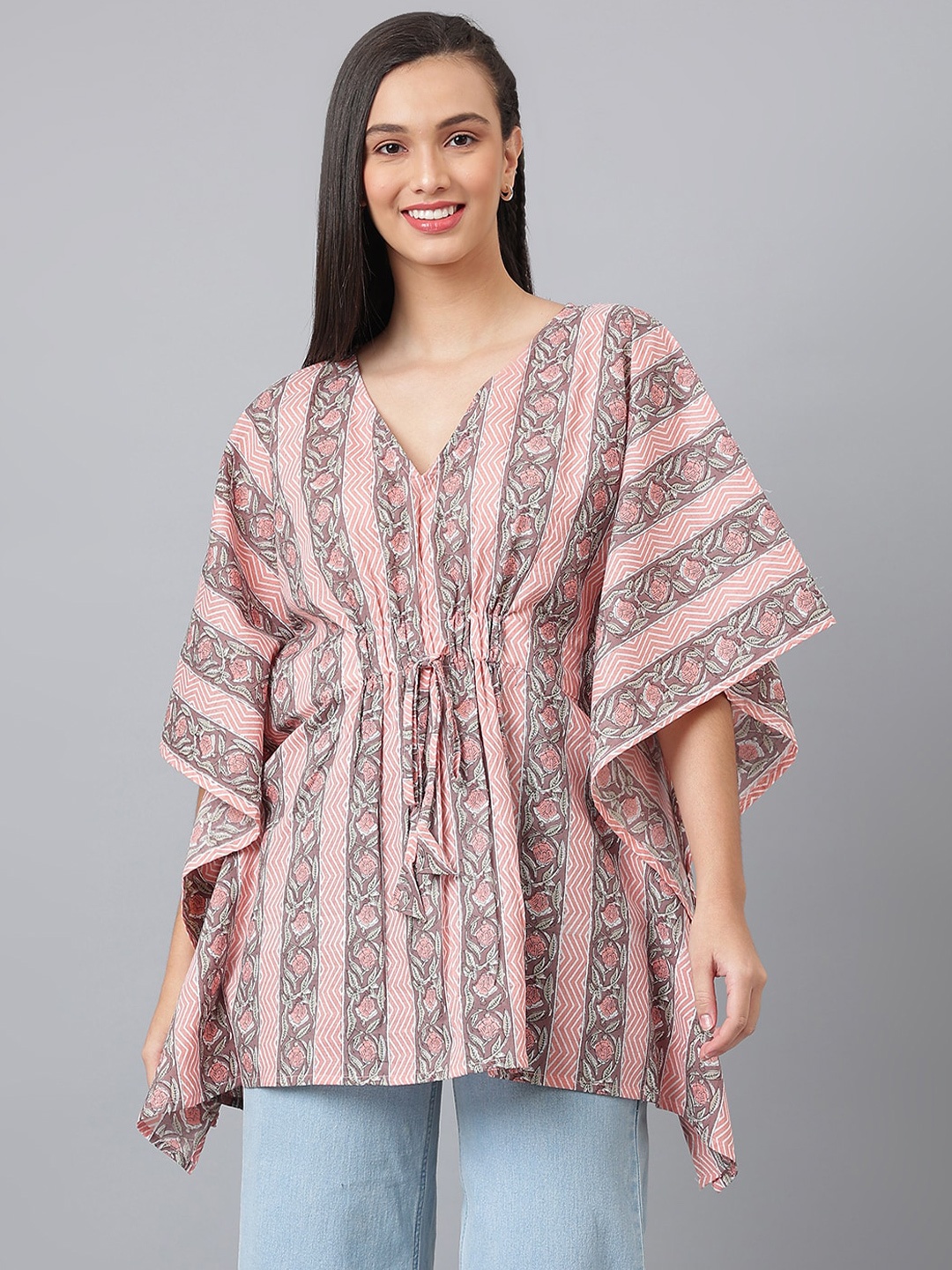 

DECKEDUP Floral Printed Kimono Sleeves Cotton Kaftan Top, Pink