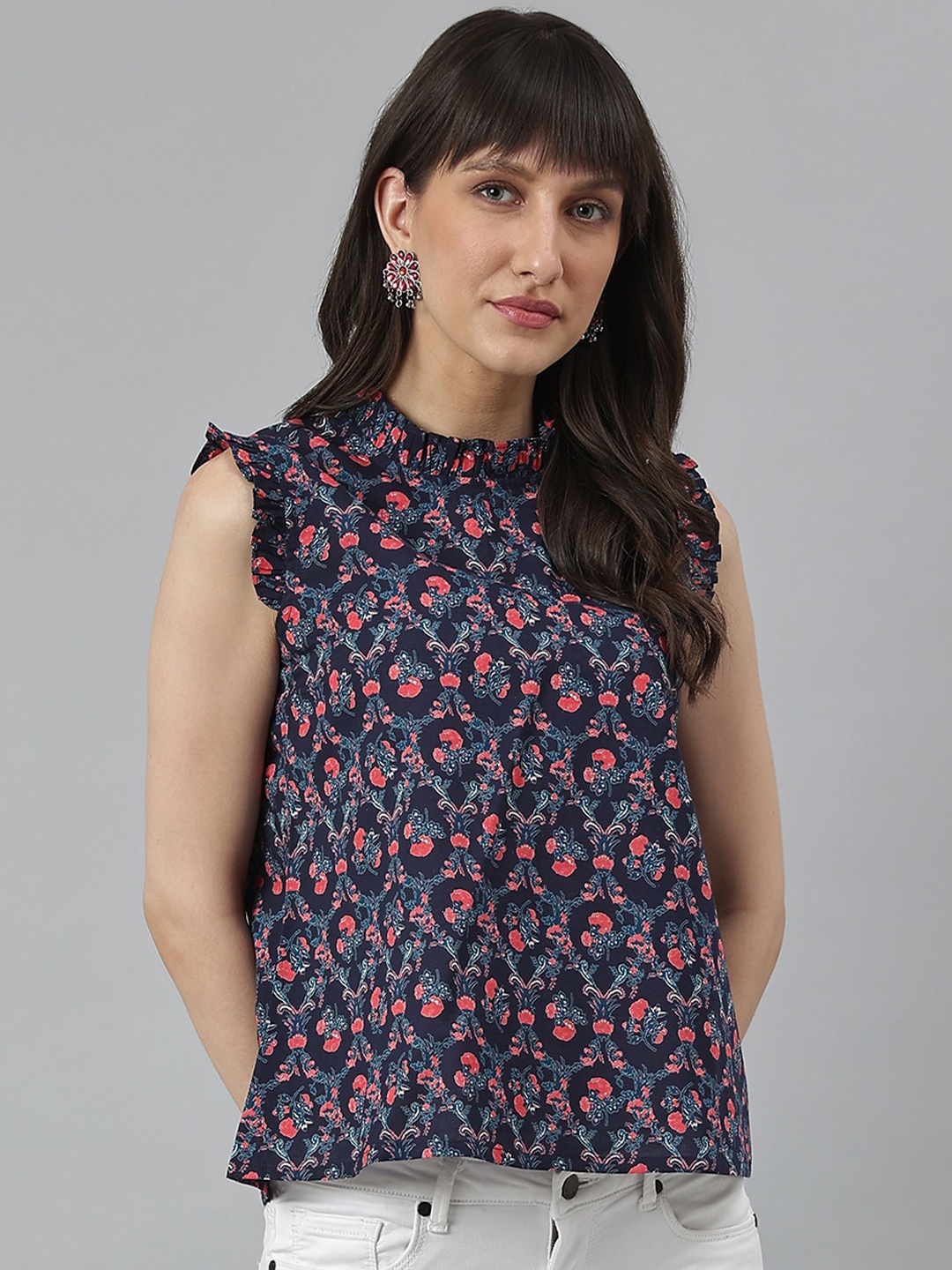 

DECKEDUP Floral Printed Ruffles Cotton Top, Navy blue