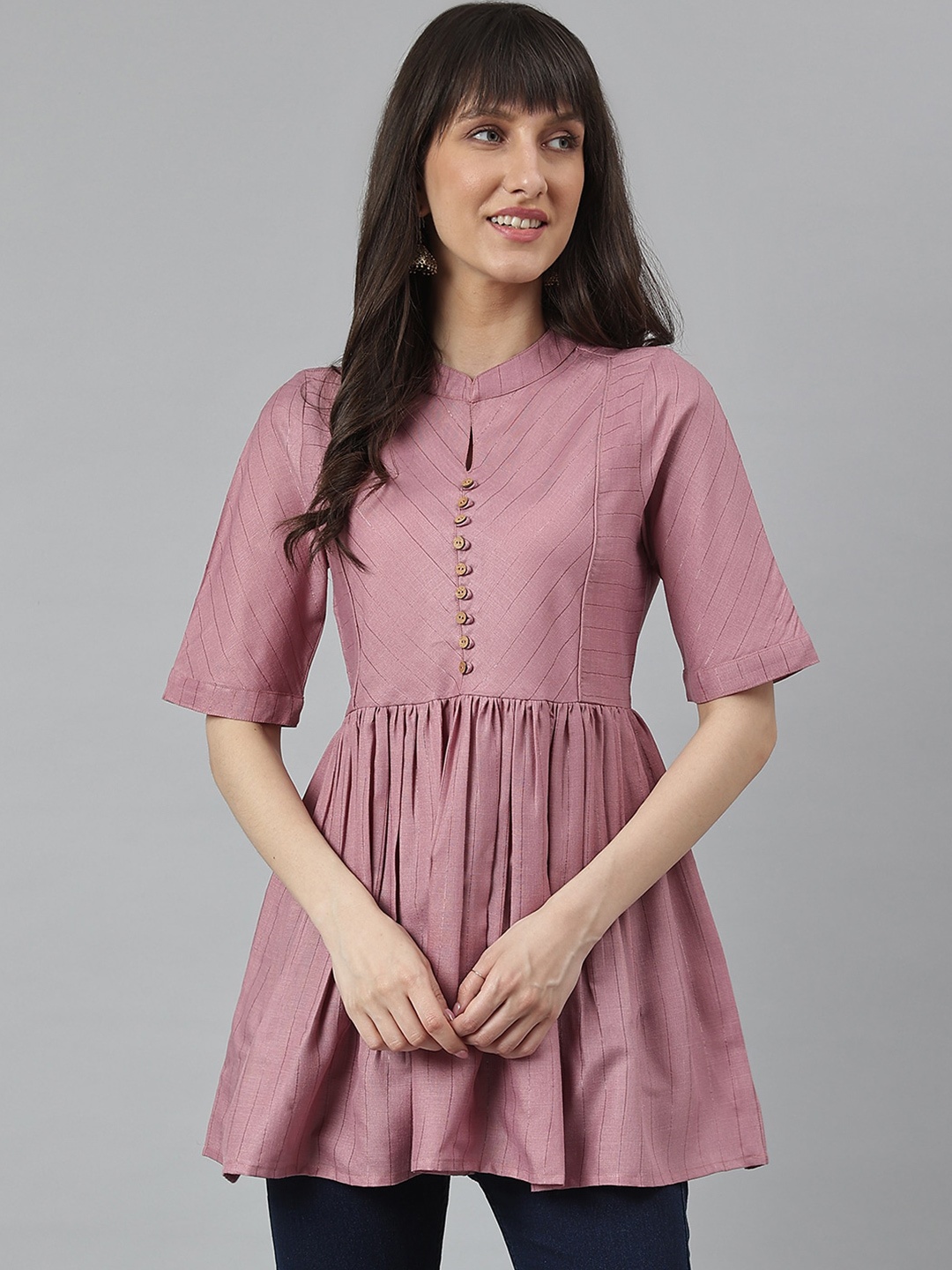 

DECKEDUP Striped Mandarin Collar Cotton Tunic, Mauve