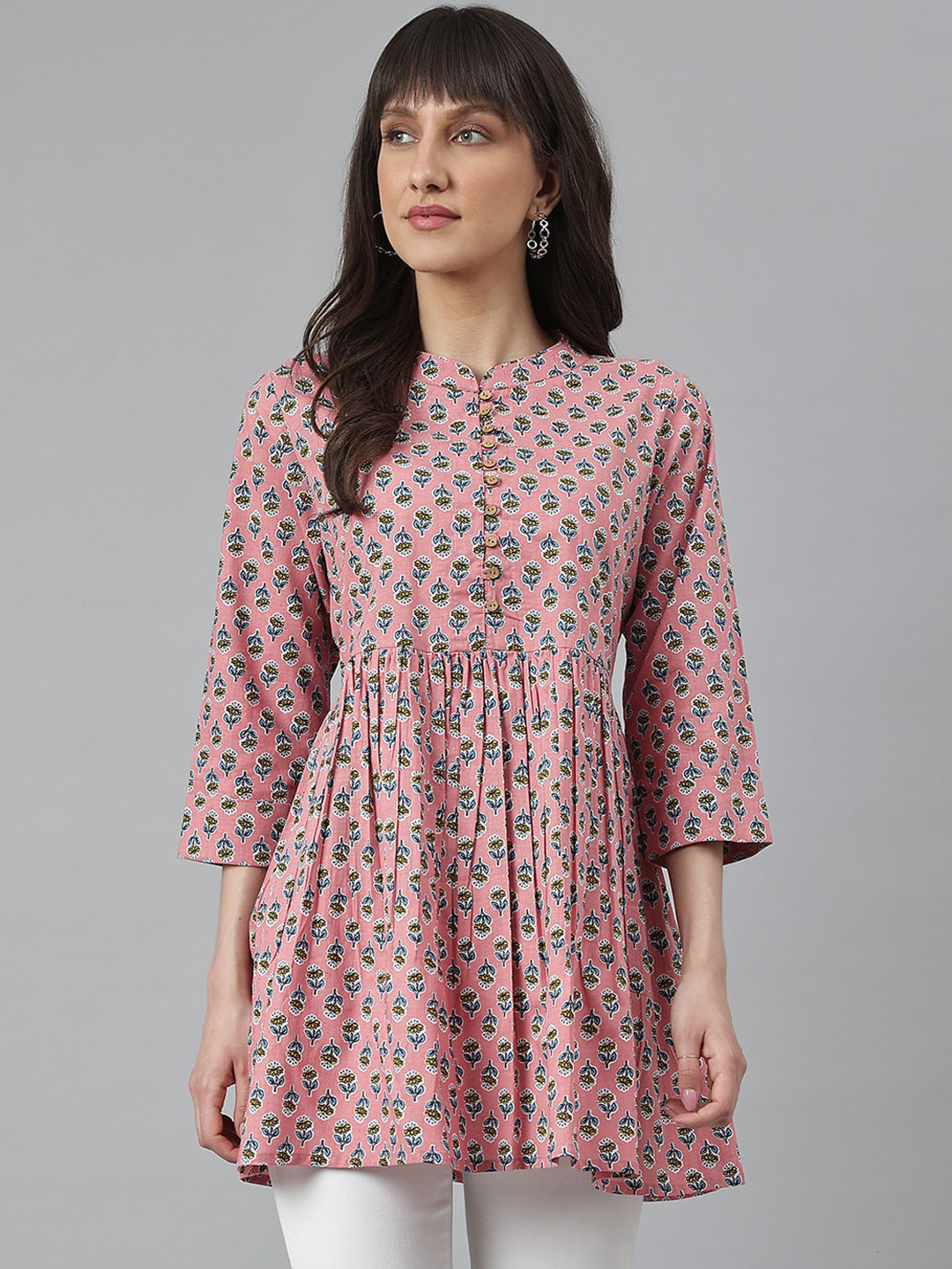 

DECKEDUP Floral Printed Mandarin Collar A-Line Cotton Top, Pink
