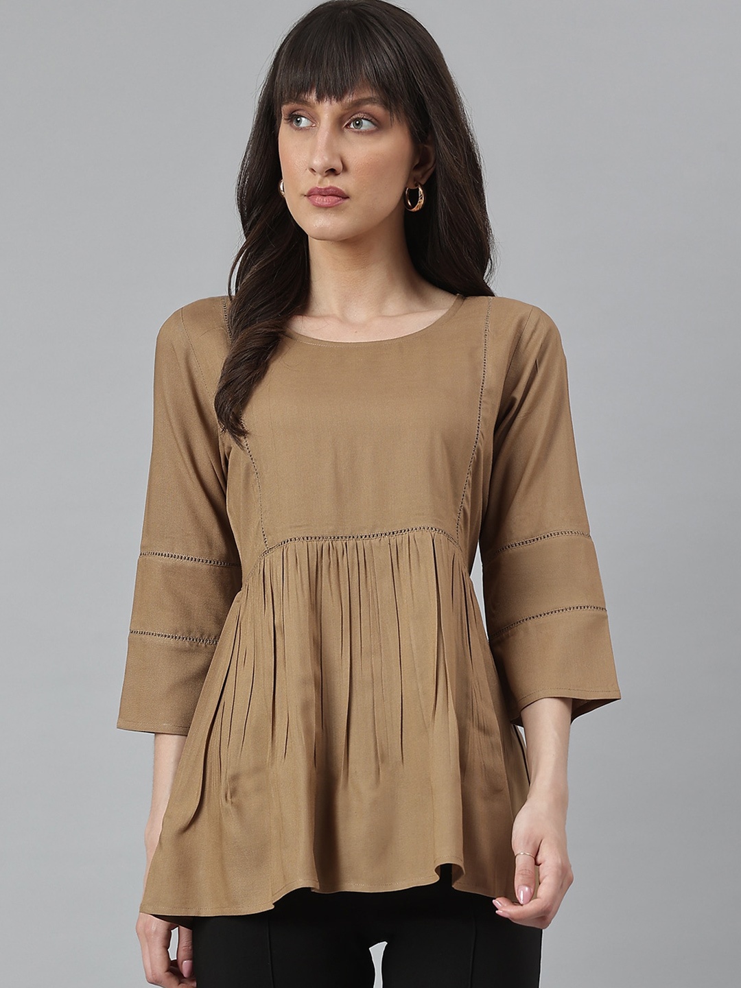 

DECKEDUP Round Neck Gathered Tunic, Brown