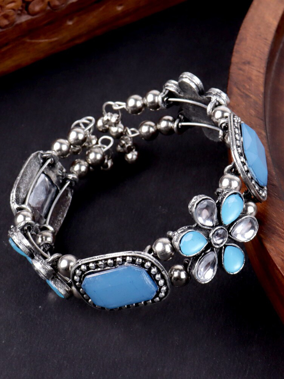 

Krelin Women German Silver Oxidised Brass-Plated Cuff Bracelet, Blue
