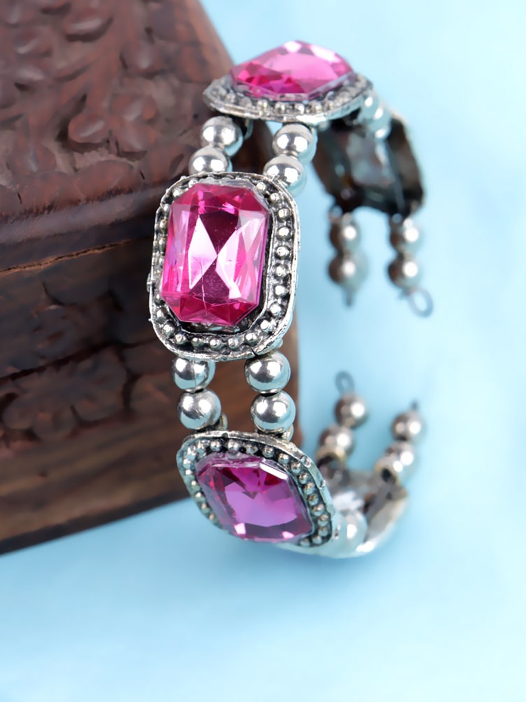 

Krelin Women German Silver Kundan Studded Brass-Plated Kada Bracelet, Pink
