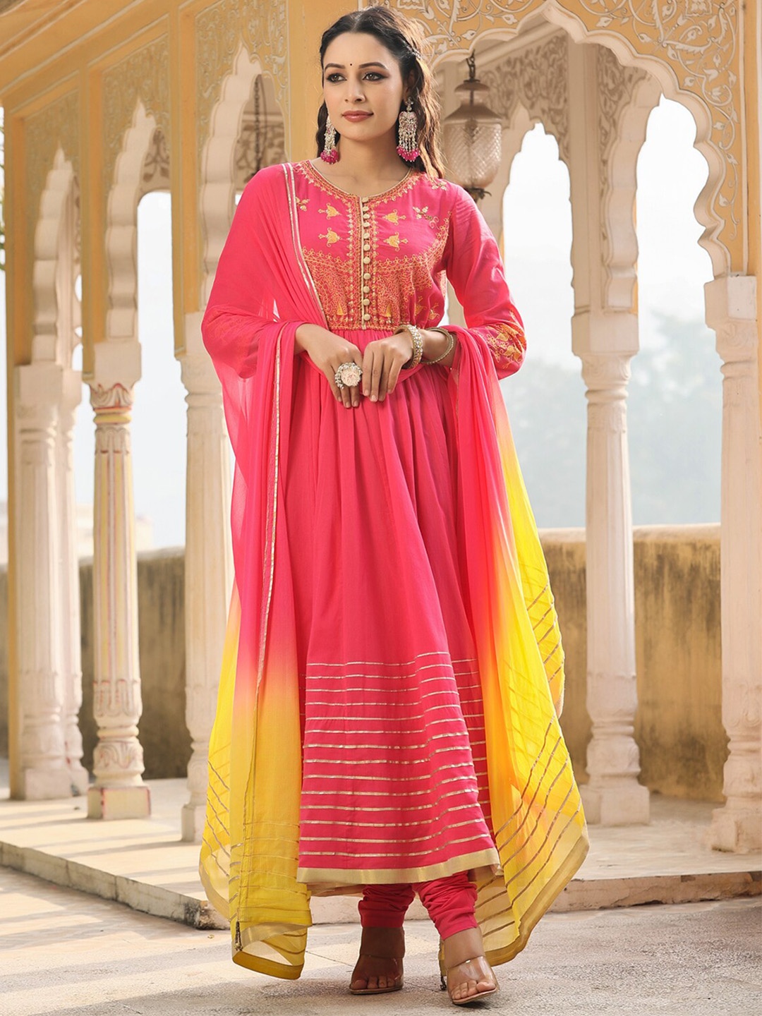 

Rain & Rainbow Ethnic Motifs Embroidered Pure Cotton Kurta with Churidar & Dupatta, Pink