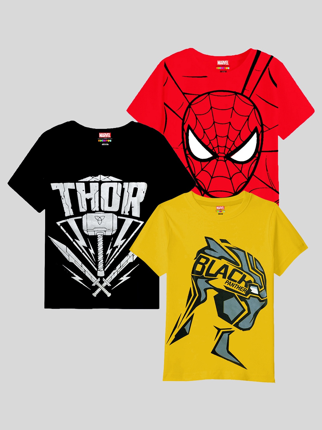 

KUCHIPOO Boys Pack of 3 Marvel Printed Round Neck T-shirts, Black