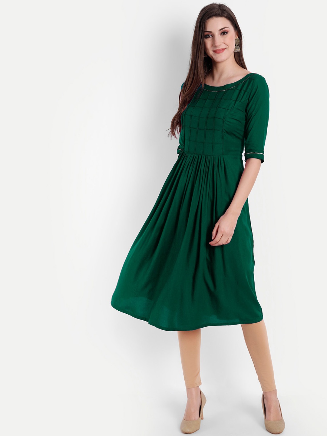 

Globon Impex Gotta Patti Pleated A-Line Flared Kurta, Green