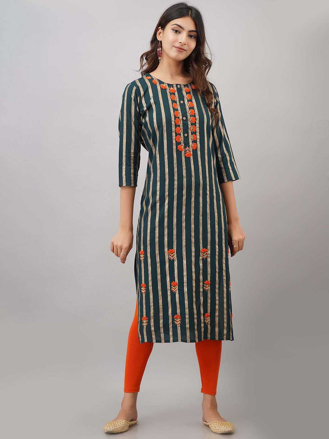 

Nehamta Women Striped Thread Work Detail Straight Kurta, Green
