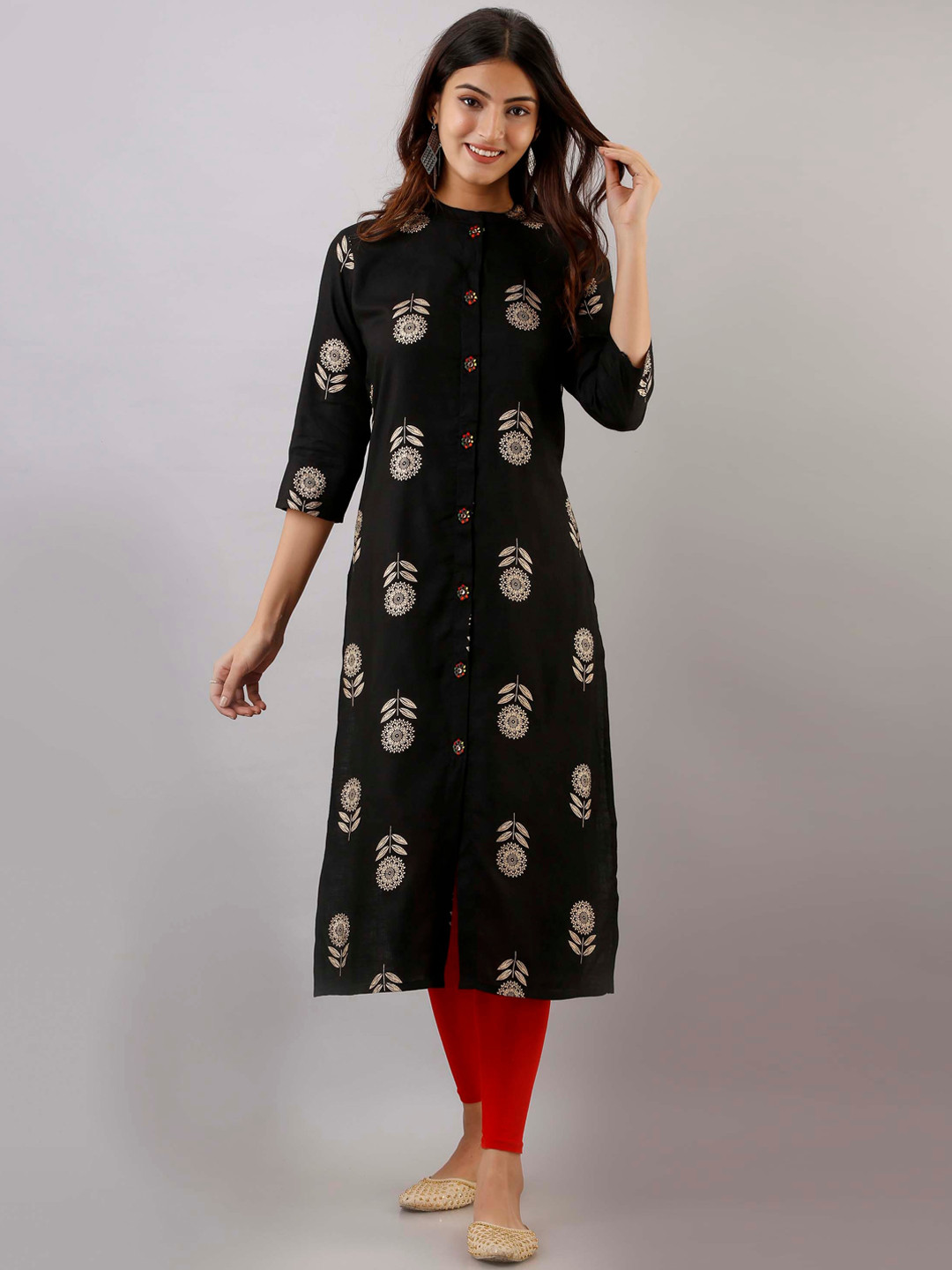 

Nehamta Women Floral Printed Band Collar Straight Kurta, Black
