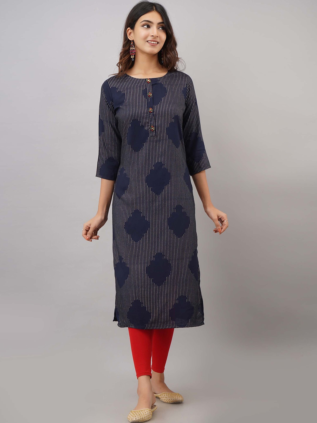 

Nehamta Women Round Neck Striped Printed Straight Kurta, Navy blue