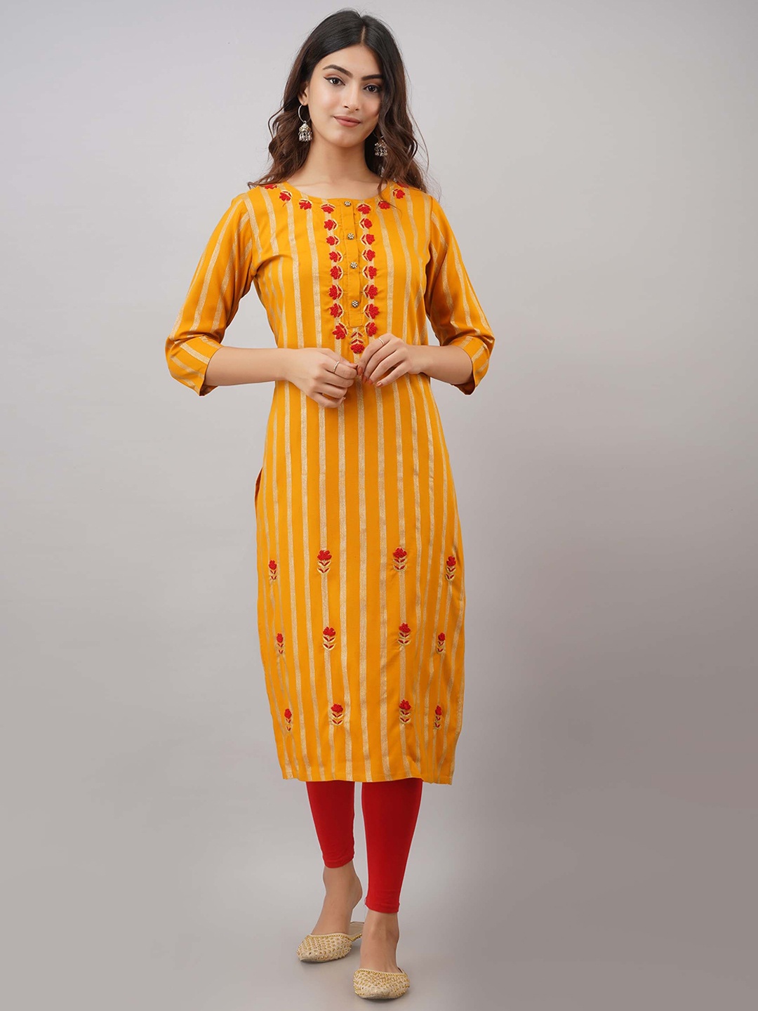 

Nehamta Floral Embroidered Boat Neck Straight Kurta, Mustard