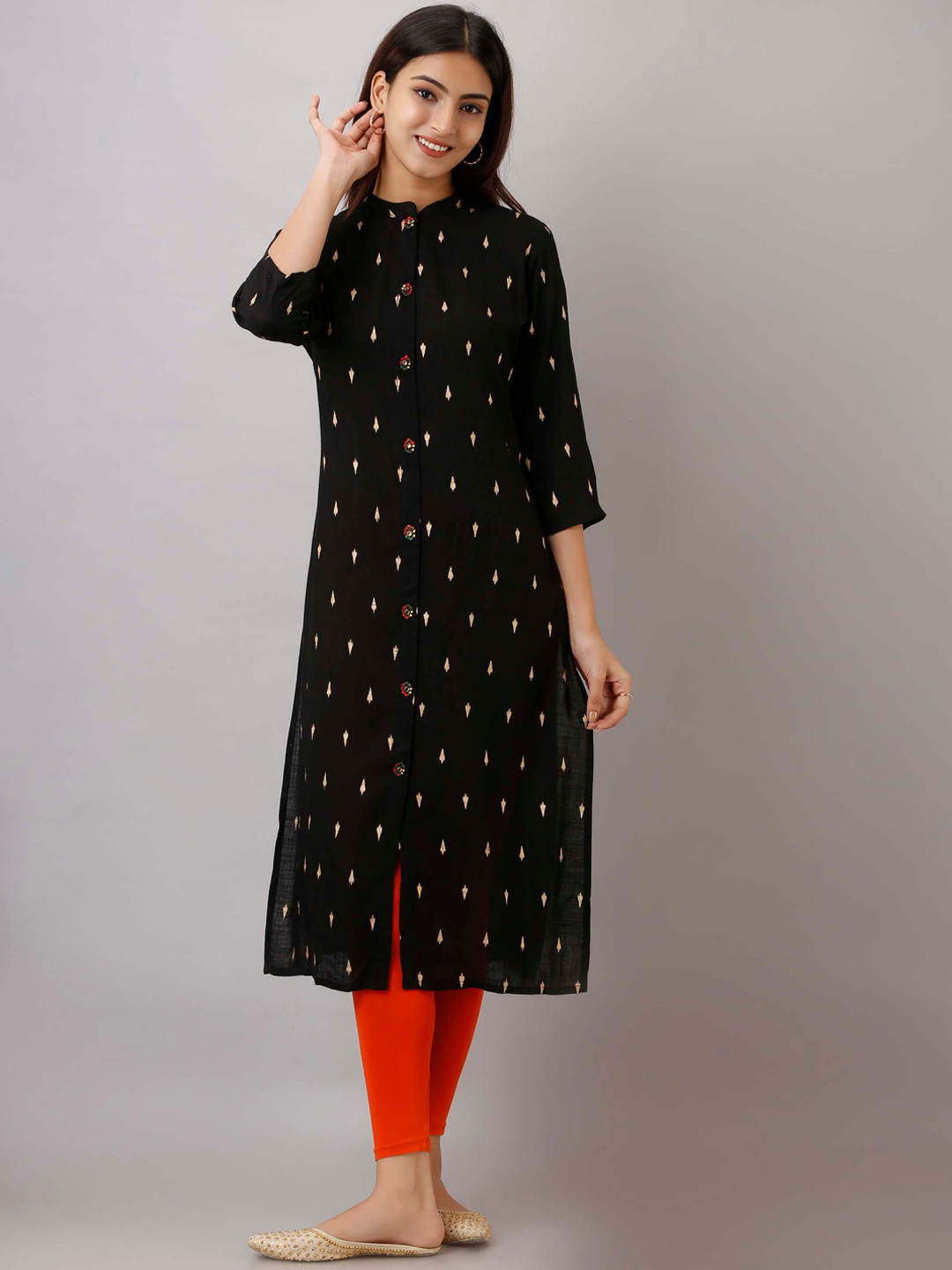 

Nehamta Woven Design Mandarin Collar Straight Kurta, Black
