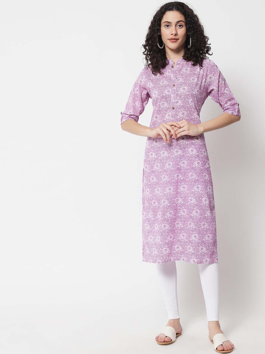 

Nehamta Printed Cotton Mandarin Collar Straight Kurta, Lavender