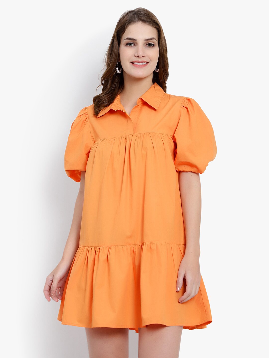 

DRIRO Puff Sleeves Drop-Waist Pure Cotton Mini Dress, Orange