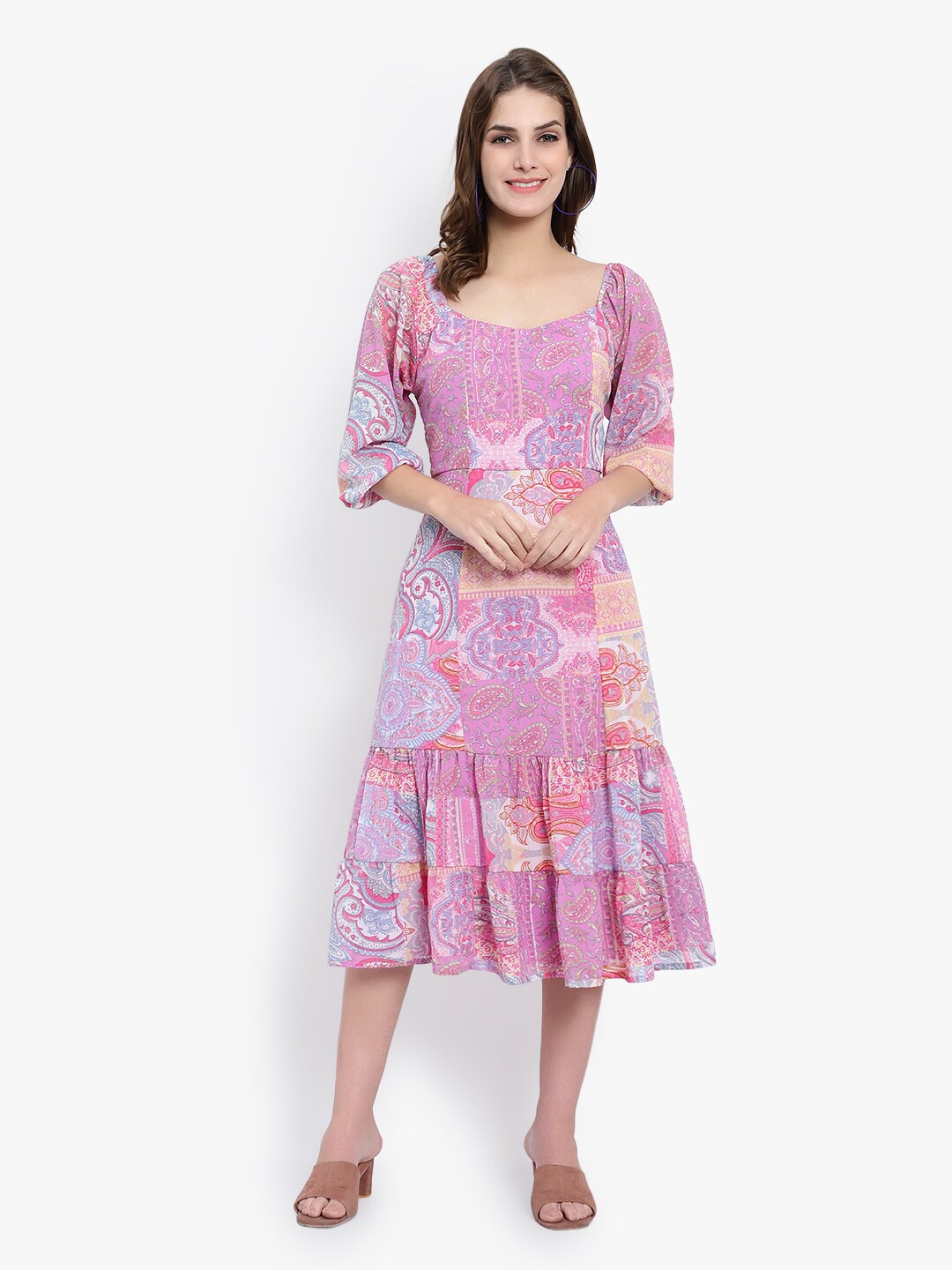 

DRIRO Ethnic Motifs Printed Square Neck Smocked Georgette A-Line Midi Dress, Pink