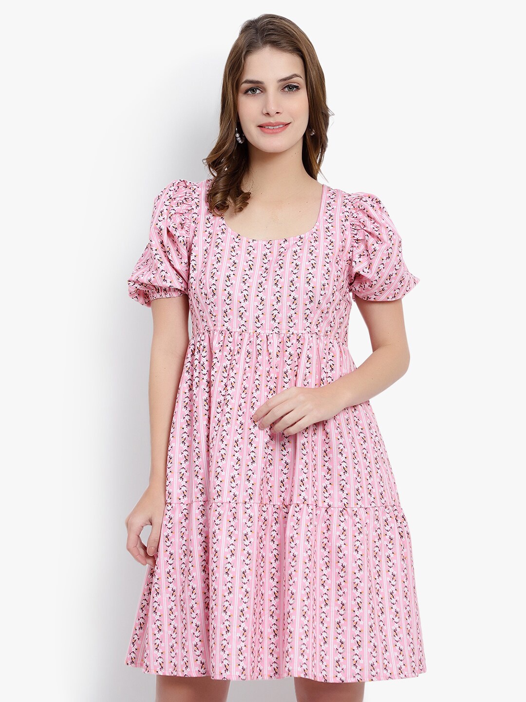 

DRIRO Floral Printed Round Neck Puff Sleeves Chiffon A-Line Dress, Pink