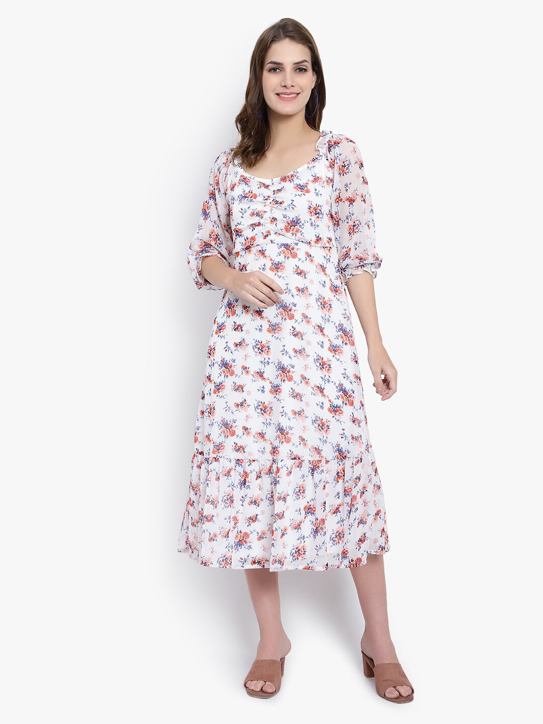 

DRIRO Floral Printed Square Neck Puff Sleeves Georgette A-line Midi Dress, White