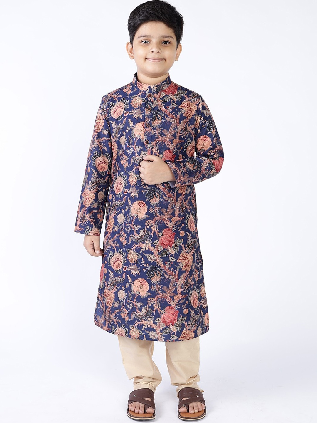 

TABARD Boys Floral Printed Mandarin Collar Pure Cotton Kurta, Blue