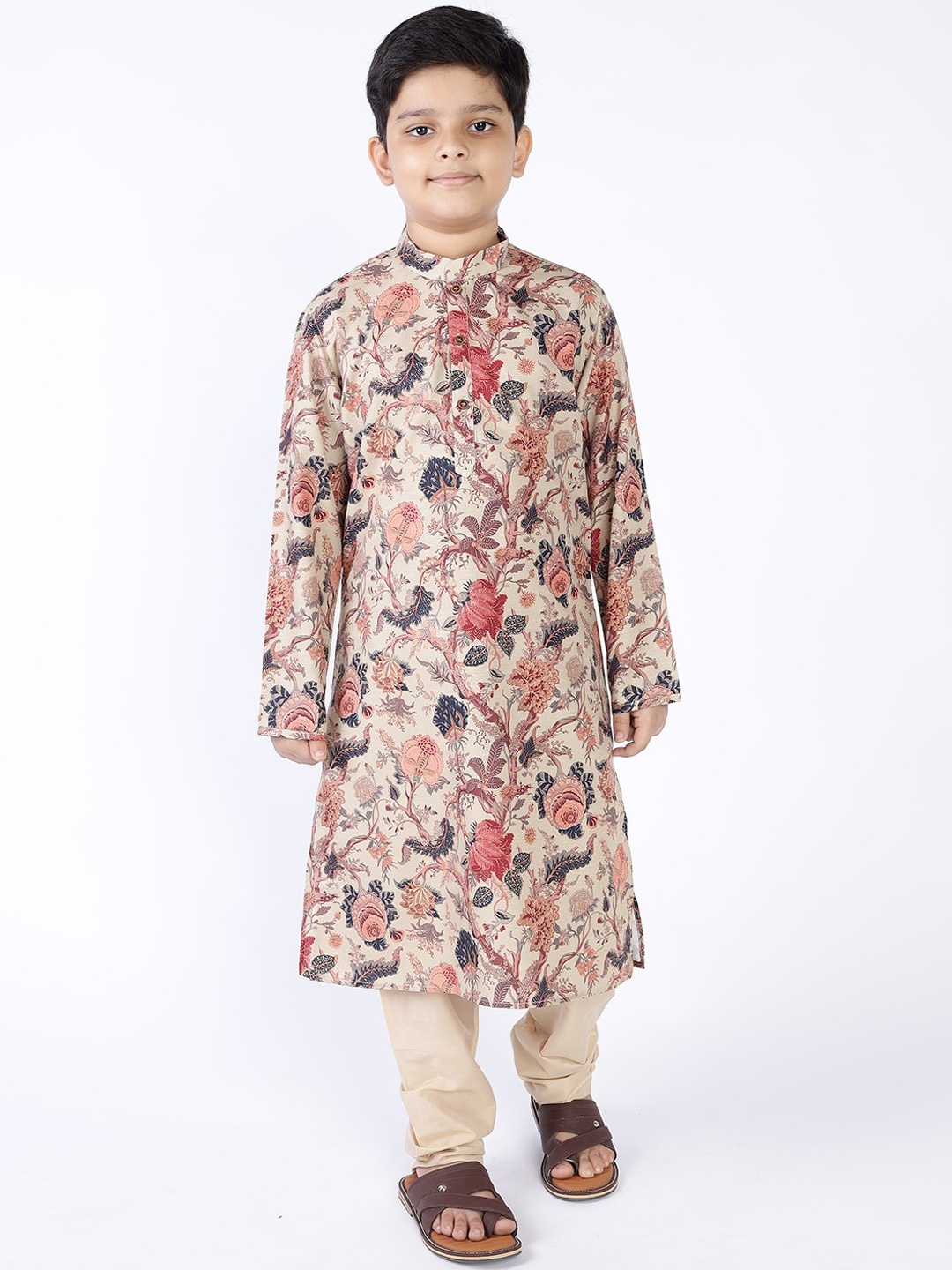 

TABARD Boys Floral Printed Straight Cotton Kurta, Beige