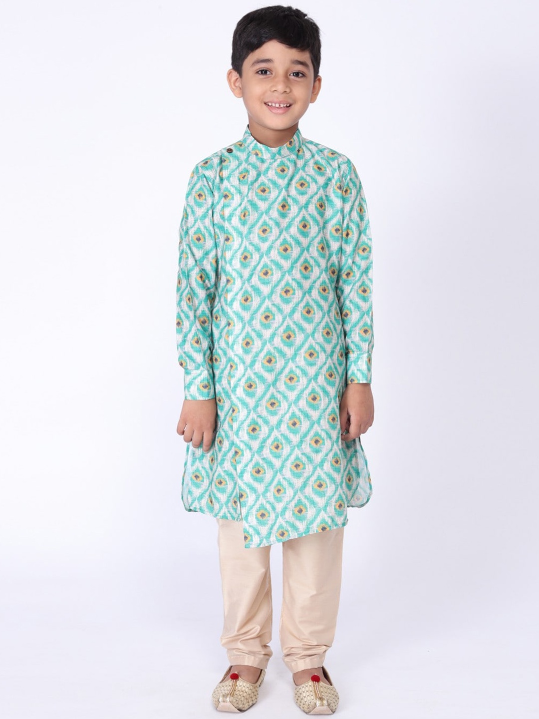 

TABARD Boys Mandarin Collar Ethnic Motifs Printed Pure Cotton Kurta, Sea green
