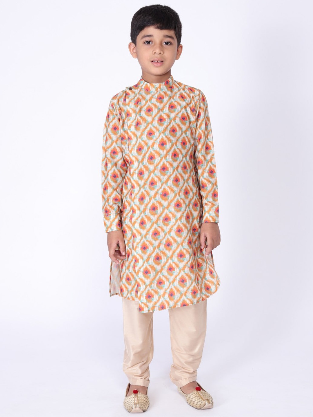 

TABARD Boys Woven Design Straight Angrakha Cotton Kurta, Orange